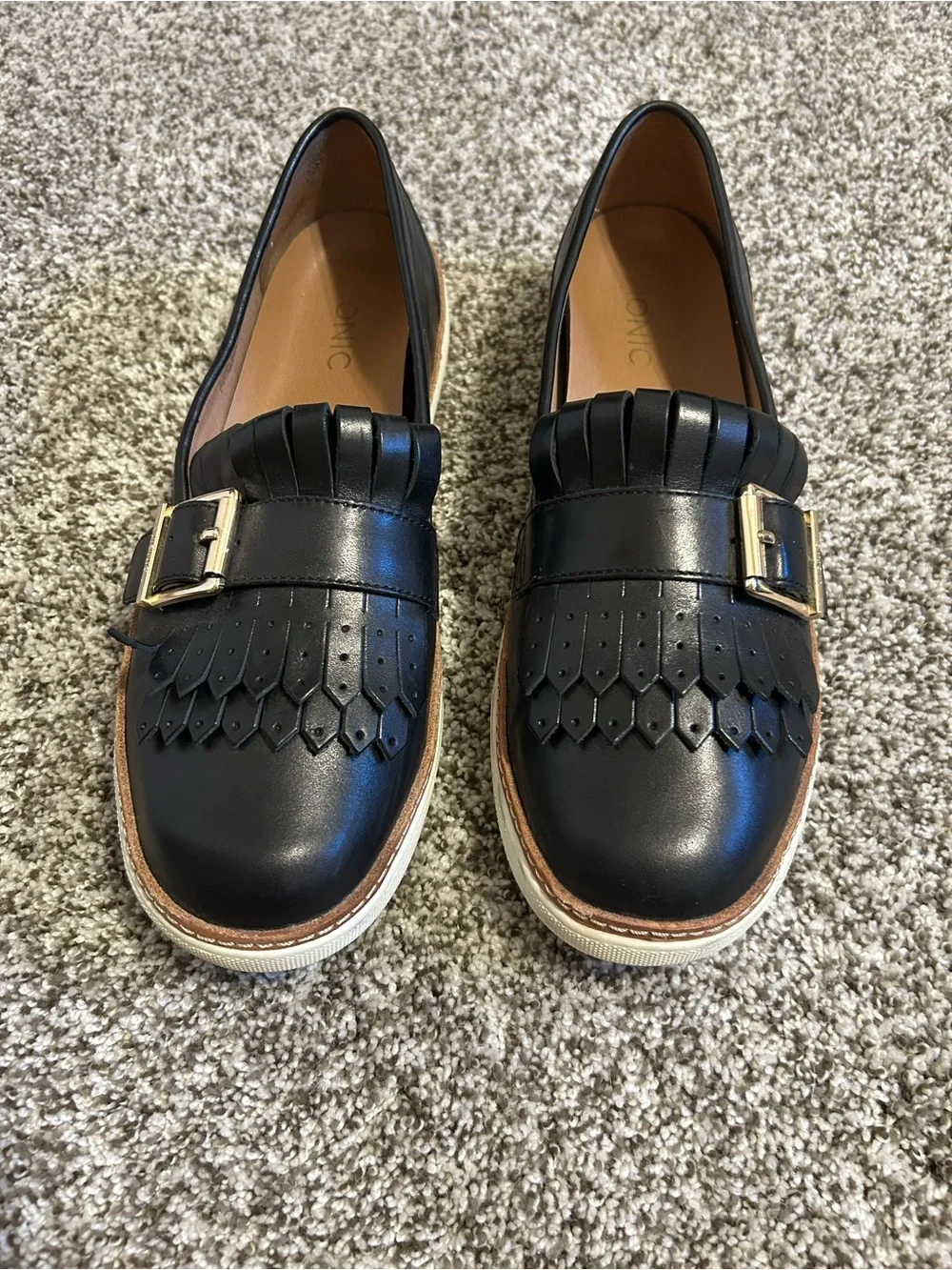 Vionic Black Leather Fringe Loafers with Gold Buckle - Picture 1 of 4